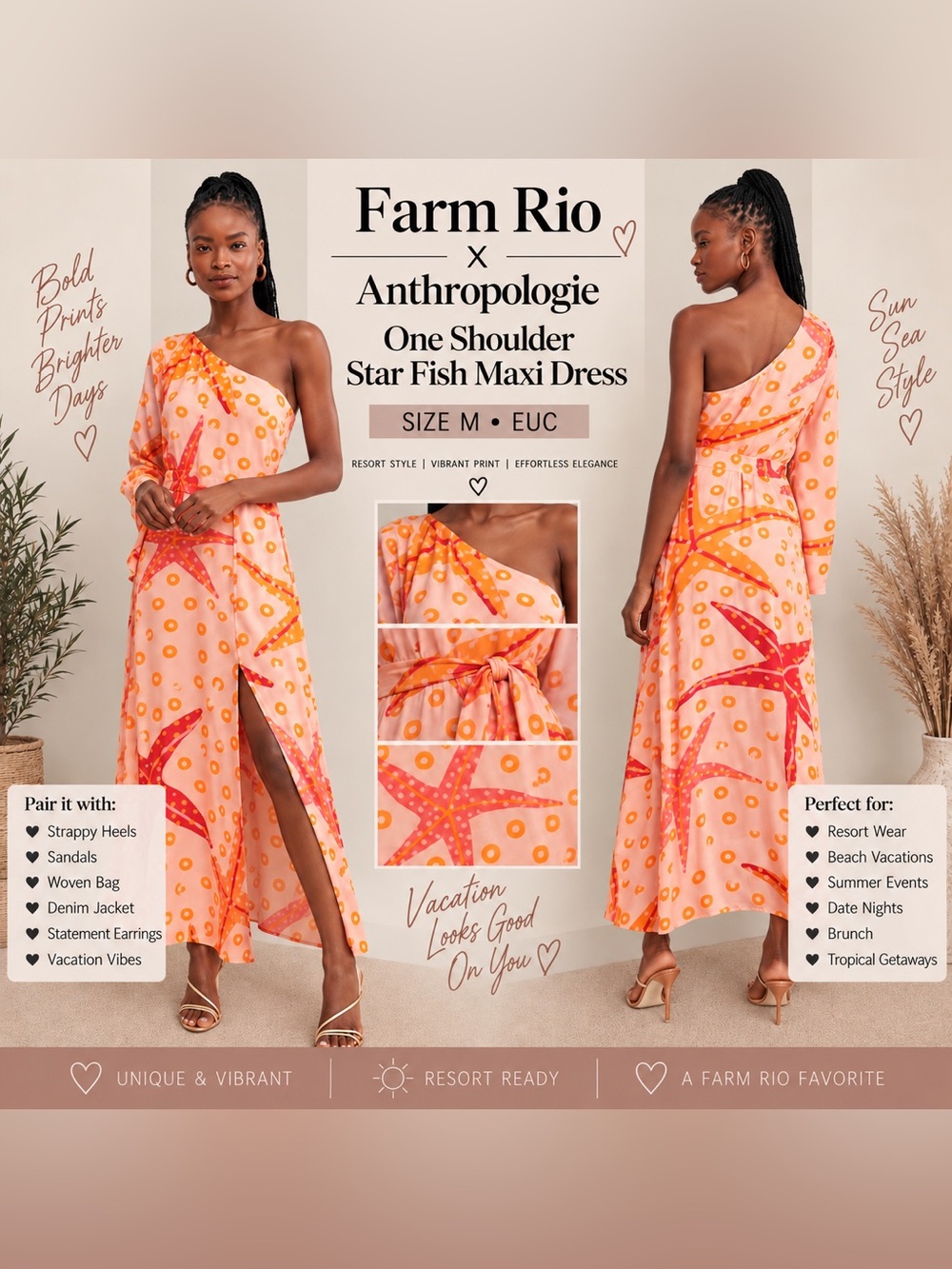 Farm Rio X Anthropologie Pink & Orange One-Shoulder Starfish Maxi-Medium